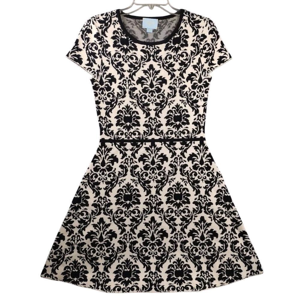 CeCe Sweater Dress‎ Knit Damask Black And White Pattern Size Small
